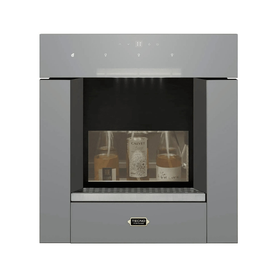 Dispenser para vinhos e bebidas Tecno Vintage embutido, conservando 3 garrafas em inox, elegante e funcional.